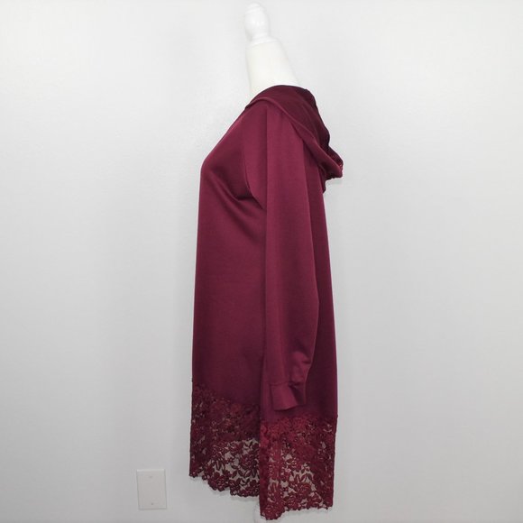 Womens Whimsigoth Hooded Lace Hem Long Sleeve Tunic Top Size M Burgundy Coquette - Picture 7 of 13